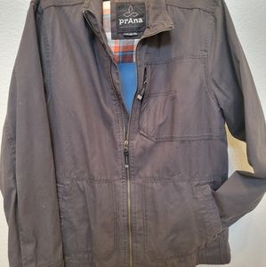 Prana men's medium weight jacket. Gray with blue fleece-like & plaid lining. Siz